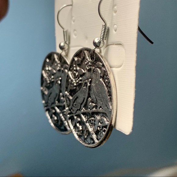 Antiqued Silver Birds Tree Branch Coin Earrings - Picture 6 of 8